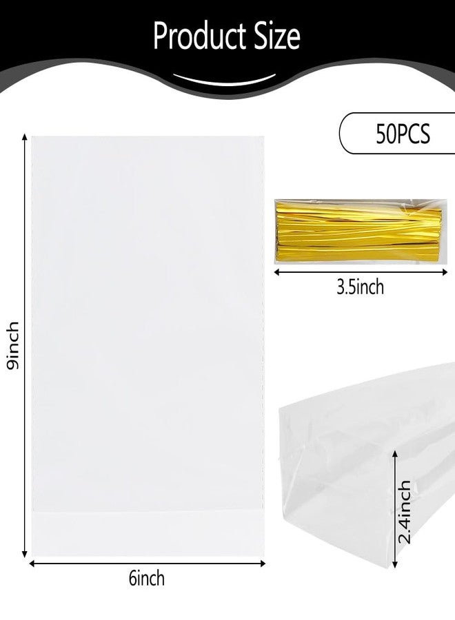 Sociaooil Cellophane Bags, 50 Pcs Bottom Gusset Bags, 6''x9" Cellophane Treat Bags, Clear Gift Bag Plastic Cello Candy Popcorn Bag with Ties for Valentines Wedding Party Favors Gift Bakery Wrapping Food Storage - Image 3
